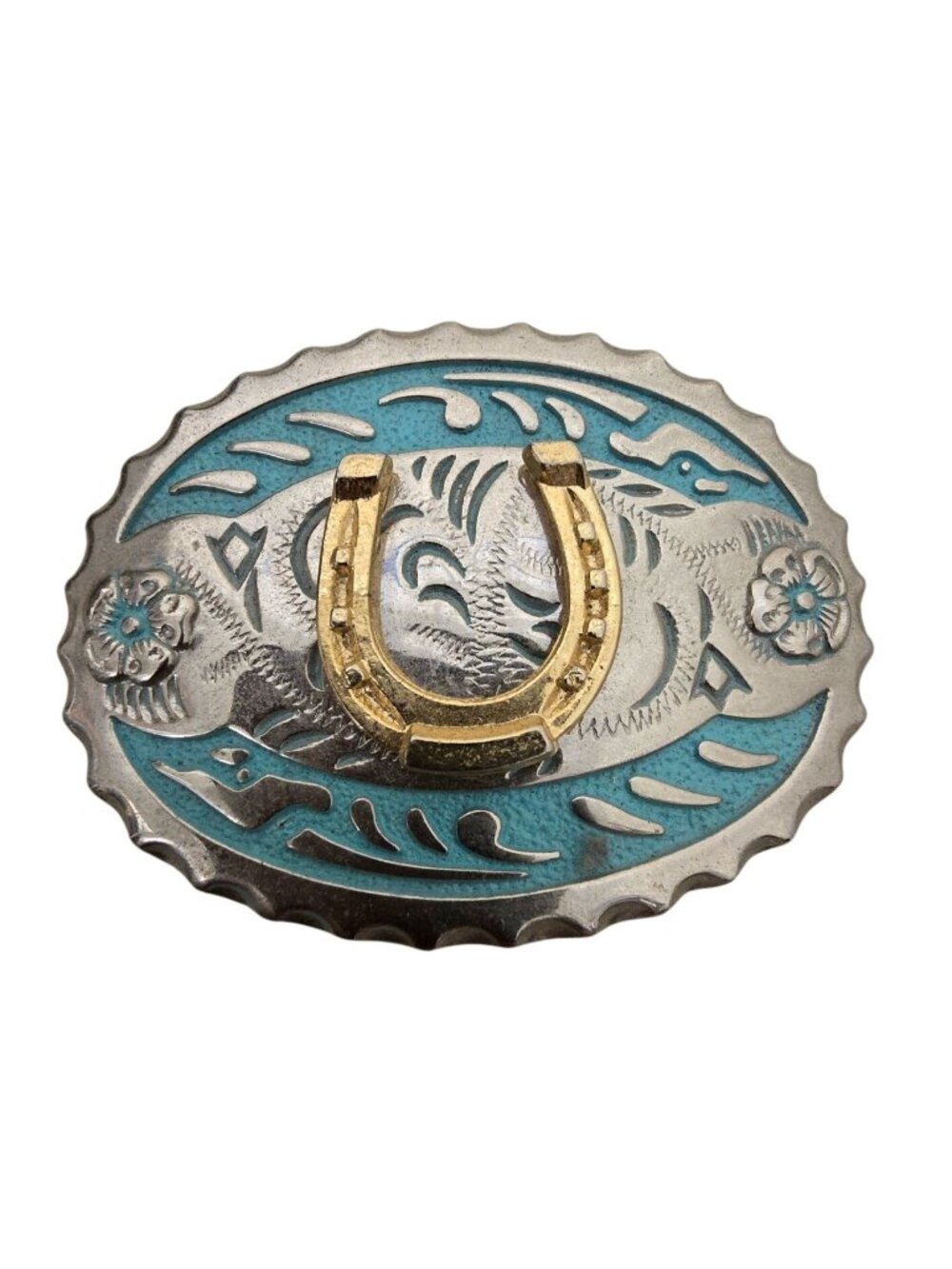 Western Oval Belt Buckle Gold Horseshoe & Turquoise Enamel Accents